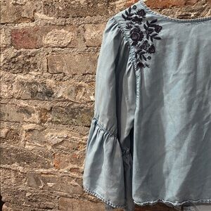 Hollister Light Blue Blouse with Floral Embroidery